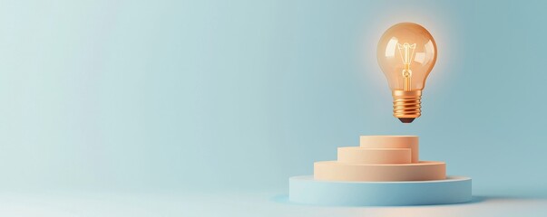 A glowing light bulb hovers above a series of soft, layered platforms against a pastel background, symbolizing innovation and inspiration.