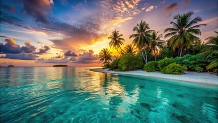 Sunset over the crystal-clear turquoise waters of a secluded tropical island with palm trees and white sandy beach, palm tree, beach