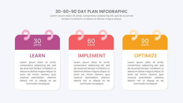 30 60 90 day plan management infographic with calendar shape illustration