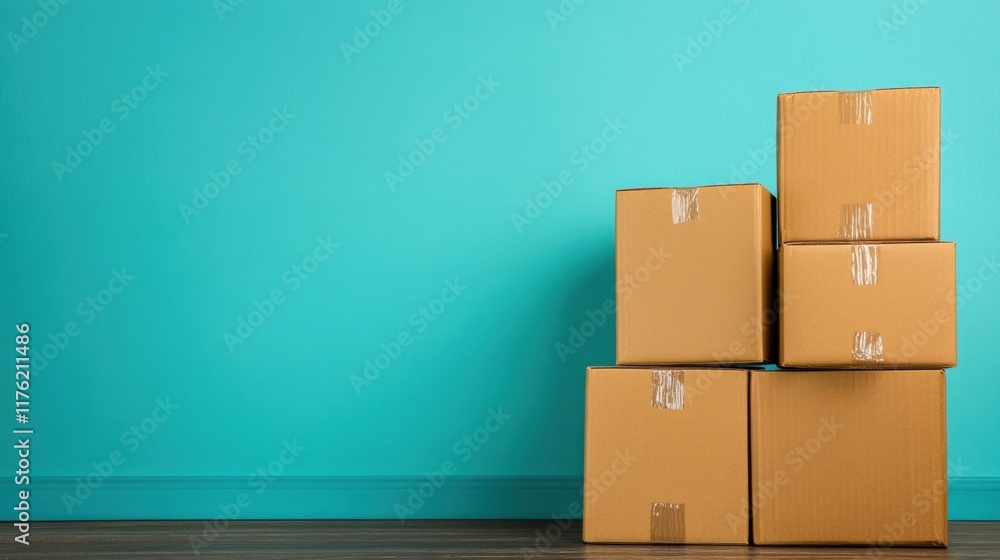 Poster clean, empty cardboard boxes are neatly stacked against a vibrant blue wall, creating a simple, orga