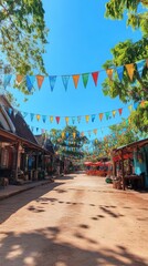 Obraz premium Festive Street Scene Colorful Bunting, Shops, Sunny Day.