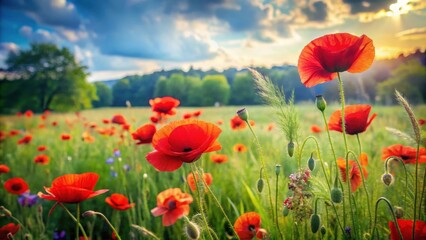 Fototapeta premium Vibrant red poppies sway gently in the summer breeze amidst a lush green meadow, surrounded by wildflowers and tall grasses , outdoors, green grass