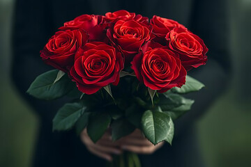 Obraz premium Elegant man in a black suit holding a bouquet of red roses against a light background, exuding charm and romance, perfect for Valentine’s Day or love-themed projects