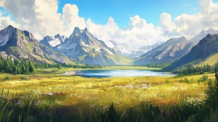 Serene Mountain Lake Landscape with Lush Grass and White Flowers