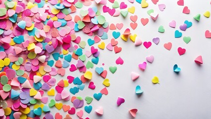 Fototapeta premium Colorful confetti with pink paper hearts scattered on a white background, creating a playful and festive atmosphere, confetti
