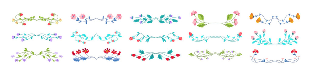 Doodle divider with berries branch flowers set. Elegant floral border, frame or monogram botanical decoration ornamental elements. Vintage herbal typographic ornament. Isolated vector Illustration art