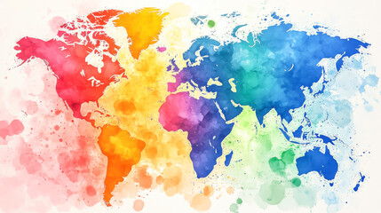 Naklejka premium Rainbow water color splatter art style World map