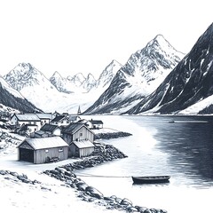 Ink Sketch of a Picturesque Snow-Covered Village Nestled in a Fjord, Surrounded by Majestic Mountains.