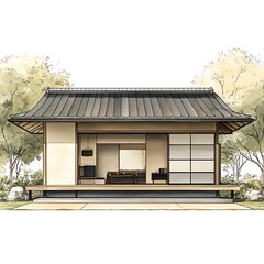 Fototapeta premium Architectural illustration of a traditional Japanese-style house nestled in a serene garden setting.