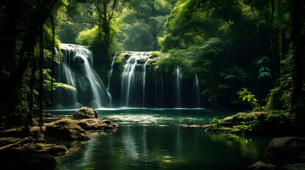 Ephemeral Light Beaming through Verdant Canopy onto a Hidden Cascading Waterfall - An Unspoiled Natural Sanctuary