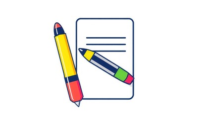 Stationery Tools Icon Set. Icon set of a notebook, pen, and highlighter with vibrant accents.