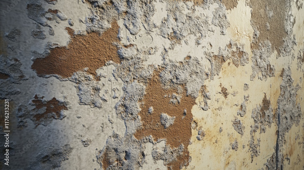 Poster close-up view of old, peeling paint on a weathered wall illustrating textural details and color vari