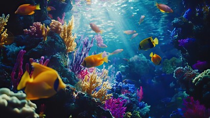 Obraz premium A colorful coral reef with a variety of fish swimming around