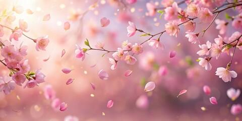 Pink sakura petals falling gently in the soft evening light of a spring breeze, creating a romantic atmosphere with delicate beauty and ethereal elegance , romance, cherry blossom