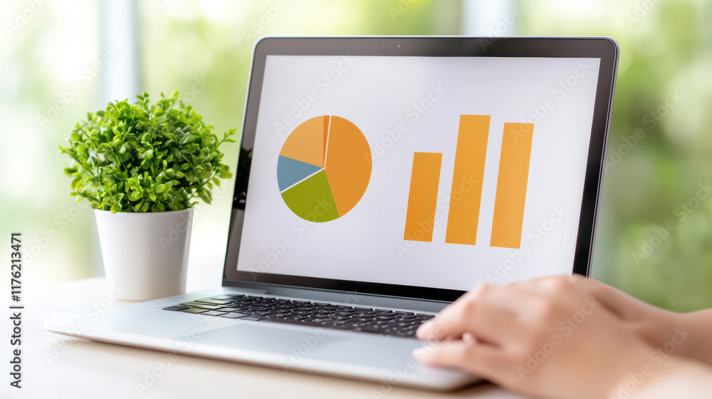 Poster close up of laptop displaying colorful data charts and graphs