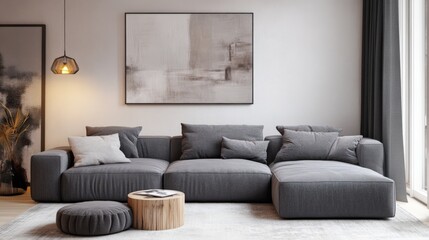 A living room with a large gray couch and a wooden coffee table