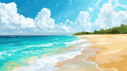 Tropical Beach Scene with Turquoise Water and Fluffy White Clouds