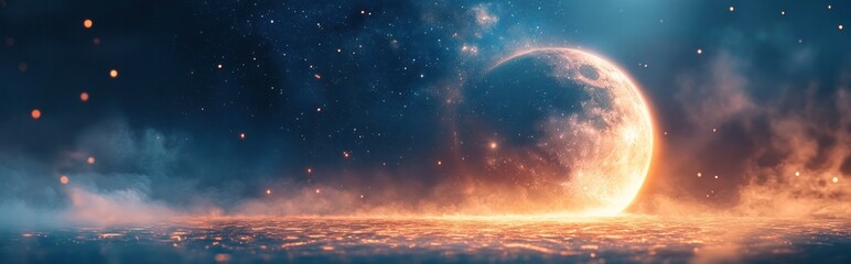 Mesmerizing night sky with a glowing crescent moon swirling clouds and a backdrop of twinkling stars creating a captivating otherworldly landscape  The scene evokes a sense of mystery wonder