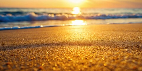 Obraz premium Fine grain sand texture on beach shore surface, golden light reflection, beach, landform, beach, landform