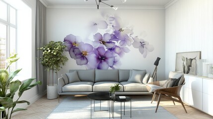 A living room with a wall of flowers and a couch