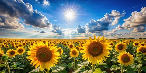 Fototapeta premium Golden Sunflowers in a vast field under a bright blue sky with fluffy white clouds and the sun shining down through the gaps