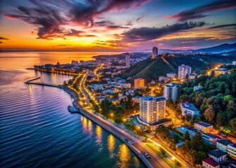 Fototapeta premium Drone View: Sochi Seaside & Illuminated City at Dusk, Russia