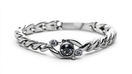 A silver bracelet with a blue stone in the middle
