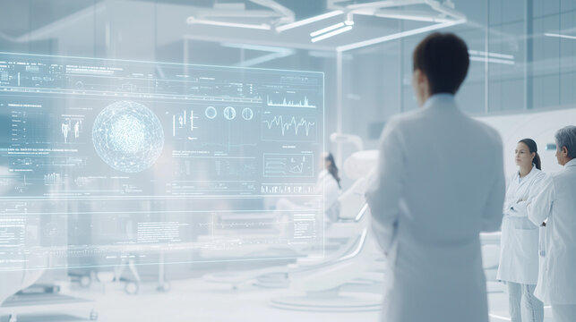 Future of Medicine: Doctors reviewing holographic medical data in a futuristic operating room.