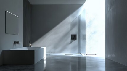 Obraz premium A bathroom with a large window and a white bathtub