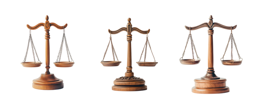 set of scales of justice isolated on transparent background, cut out