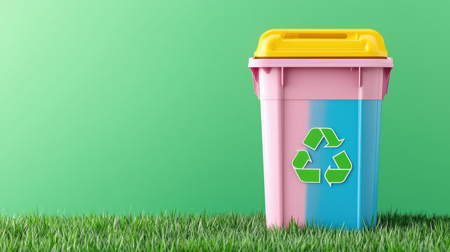 Colorful recycling bin on green grass, promoting eco friendly practices