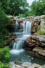 A waterfall is flowing down a rocky cliff