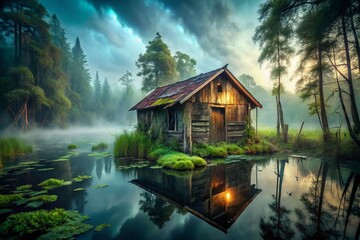Obraz premium Eerie Mist-Shrouded Swampland Cabin - Atmospheric Architectural Photography