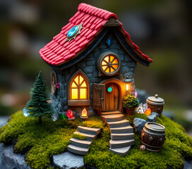 Fototapeta premium Whimsical Fairy-Tale House: Mossy Hill Setting, Glowing Windows, Red Tiled Roof with Geometric Patterns, Stone Walls, Gem Decorations, and Magical Crystals Creating a Cozy and Enchanting Scene