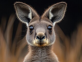 Obraz premium A close-up portrait of a young kangaroo with large ears and expressive eyes against a blurred background.
