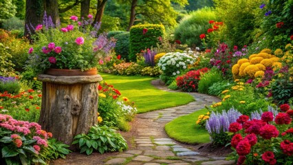Obraz premium A lush garden with vibrant flowers blooming around a wooden tree stump, surrounded by greenery and a winding stone path, garden flowers, wooden stump