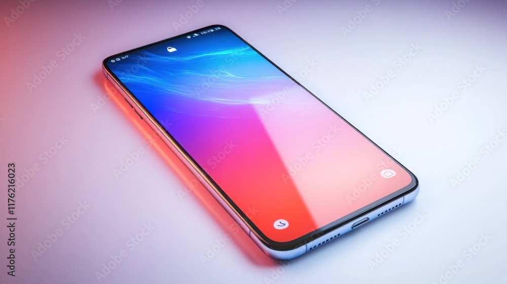 Poster modern smartphone with vibrant abstract screen display resting on a clean surface, showcasing contem