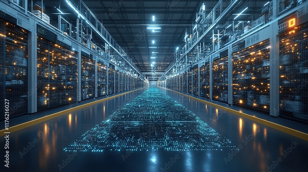 Poster a futuristic warehouse filled with data storage units illuminated by glowing circuits.