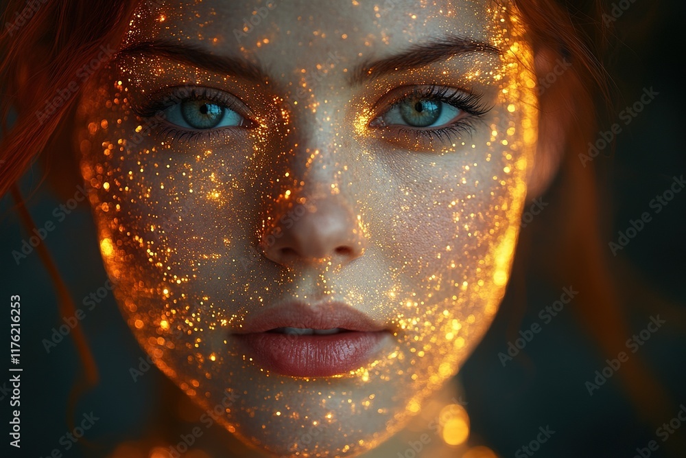 Poster a close-up portrait of a person with a sparkling, illuminated face, creating a mystical and ethereal