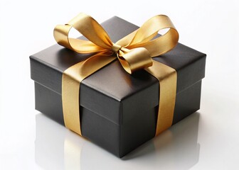 Fototapeta premium Elegant Black Gift Box with Gold Ribbon on White Background - Luxury Gift Packaging Stock Photo