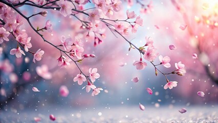 Softly falling pink sakura petals gently drift downwards in a warm spring breeze amidst a serene winter background, evoking feelings of serenity and tranquility , serenity, nature