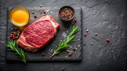 Beef rump steak on black stone table with juicy juices and marbling texture, stone table, steak,  stone table, steak
