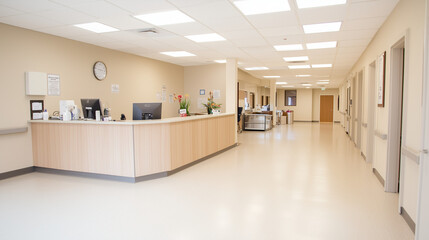 Modern Hospital Reception and Corridor: Clean, bright, and inviting hospital interior showcasing a contemporary reception desk and a long, well-lit corridor.  Perfect for healthcare, medical.