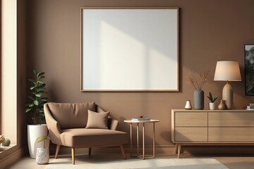 Stylish living room interior design with mock up poster frame, frotte armchair, wooden commode, side table on pantone mocha mousse background with copy space