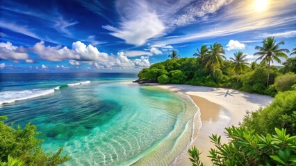 Obraz premium Serene ocean scene with clear blue water and circular waves, surrounded by white sandy beach and lush greenery, capturing the peacefulness of nature , calm sea, circular waves