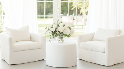 Elegant White Interior Design:  A pair of plush white armchairs flank a round coffee table, all adorned with soft white cushions.