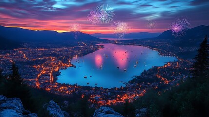 Fototapeta premium Festive Fireworks Over Cityscape at Sunset