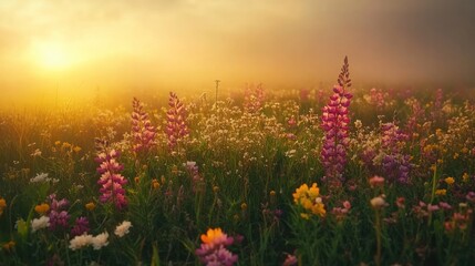 Fototapeta premium A stunning scenic view of a vibrant lush field filled with a mix of colorful blooming flowers in shades of pink purple and yellow bathed in the warm