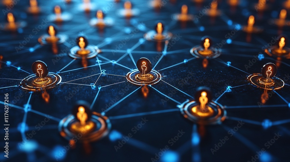 Poster a digital network of glowing pins connected by lines, symbolizing connectivity and data exchange.