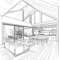 Architectural Sketch of a Modern Open-Plan Home with Large Windows and Outdoor Access.